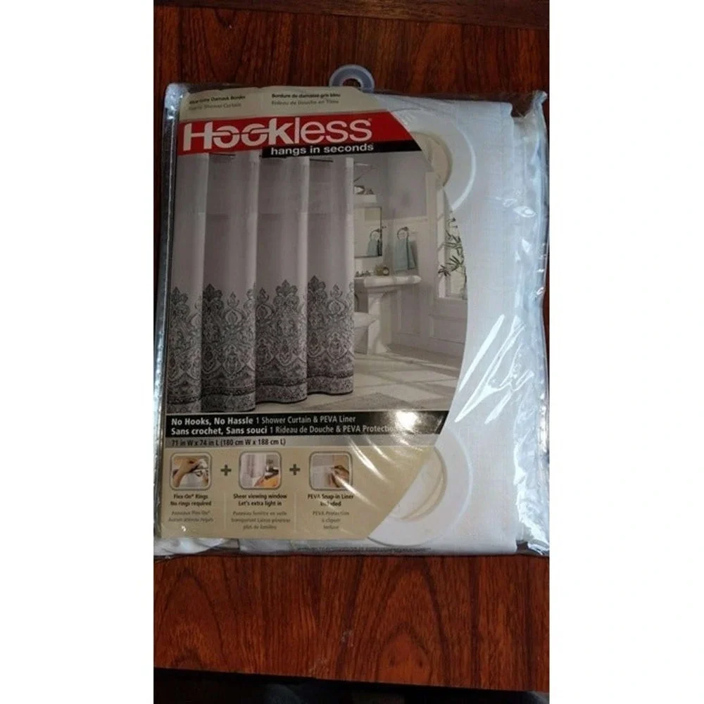 Sure Fit Hookless Shower Curtain Blue Gray Damask Border with PEVA Liner 71x74